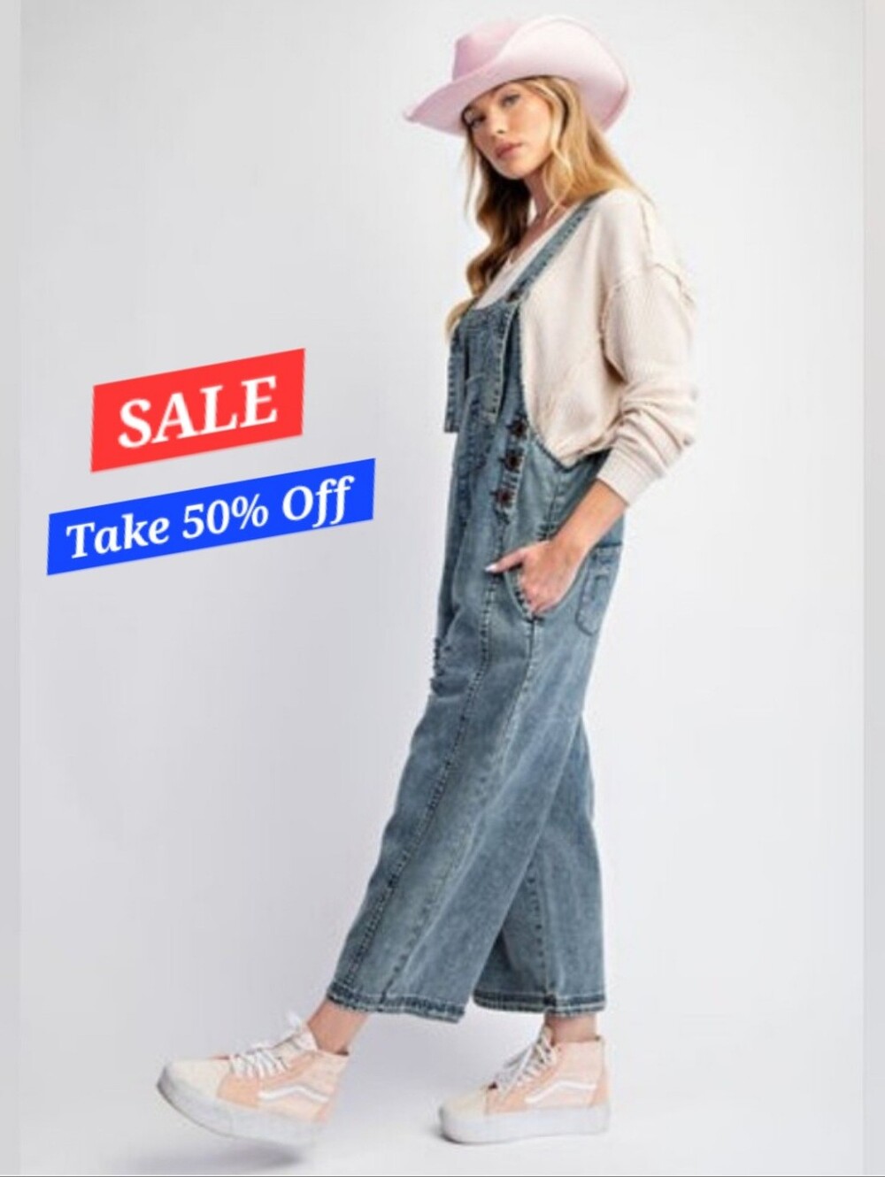 Distressed Light Blue Wide Leg Denim Women’s Overalls. Size Small
